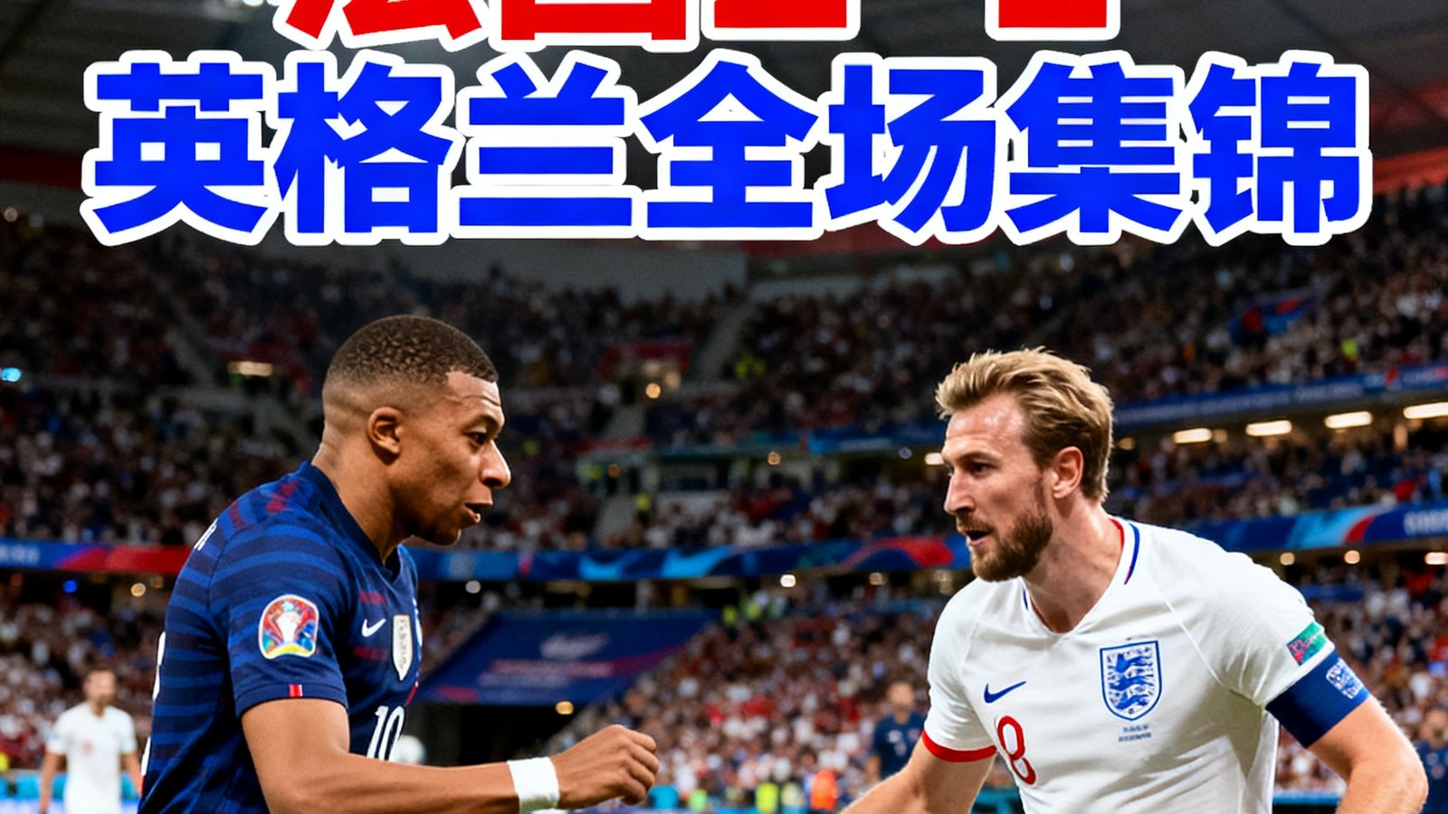 法国对阵英格兰的全场集锦封面，姆巴佩与凯恩对抗，比分2-1